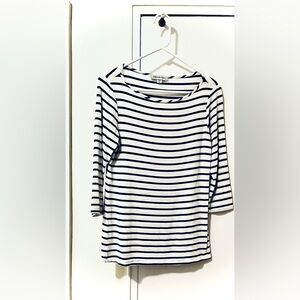 Amour Vert Navy Blue and White Striped 3/4 Sleeve Tee with Boat Neck